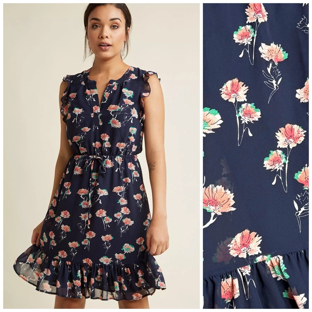 Modcloth Fervour Floral Chiffon Dress S Navy‎ Blossom Ruffle Cinch Waist Lined